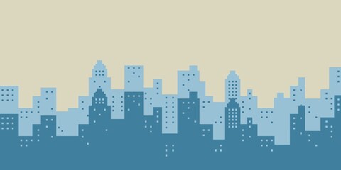 Naklejka premium Pixel art blue city with buildings, yellow sky, city scape, panoramic and clouds. Wallpaper pixel art blue city. can be used for wallpaper, template card and background. Simple and cute card.