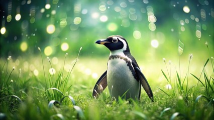Fototapeta premium A lone penguin amidst a vibrant, sunlit meadow of verdant grass and delicate wildflowers, basking in the tranquil beauty of nature's gentle embrace