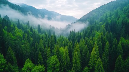 Obraz premium Misty mountain valley, lush green forest, aerial view, nature background, travel poster