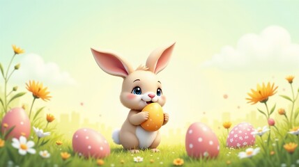 Obraz premium Cute cartoon rabbit holding an egg surrounded by colorful flowers and decorated eggs during a spring day