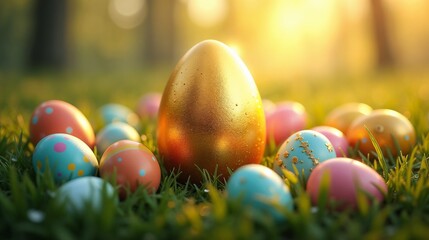 Colorful Easter eggs scattered on green grass with a shining golden egg at sunrise in a vibrant park setting