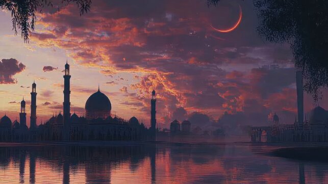 Silhouette of a grand mosque at sunset with a crescent moon and water reflection