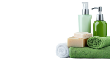 A collection of eco-friendly bath products including towels, soaps, and lotions. transparent background