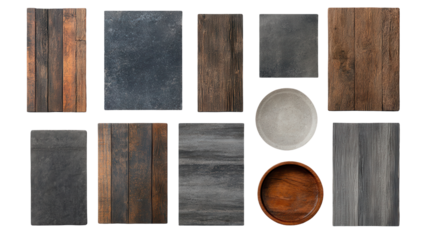 Assorted wooden and stone serving boards arranged for culinary presentation. transparent background