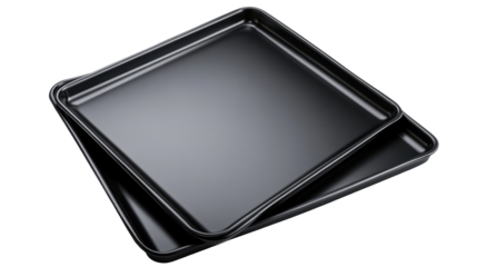 Black baking trays stacked on each other, perfect for kitchen use and culinary creativity. transparent background