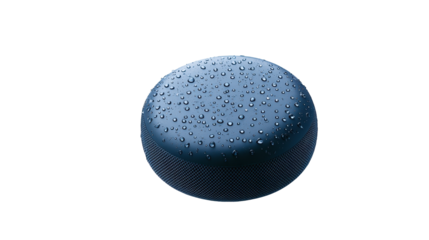 Close-up of a blue smart speaker device with water droplets on its surface. transparent background