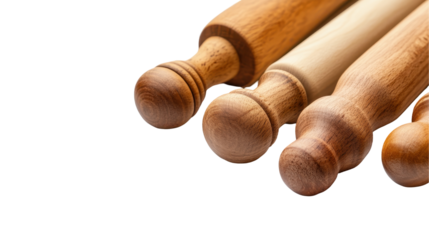 Collection of beautiful wooden rolling pins for baking and cooking activities. transparent background