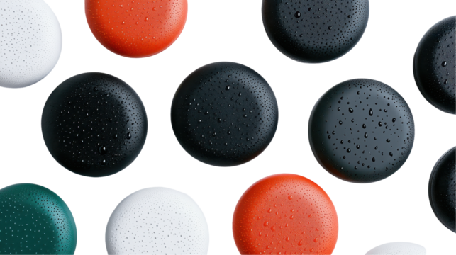 Colorful bottle caps with droplets showcasing various vibrant hues. transparent background