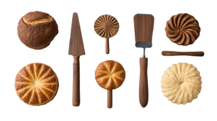 Delicious assortment of baked goods with wooden utensils for a cozy kitchen vibe. transparent background