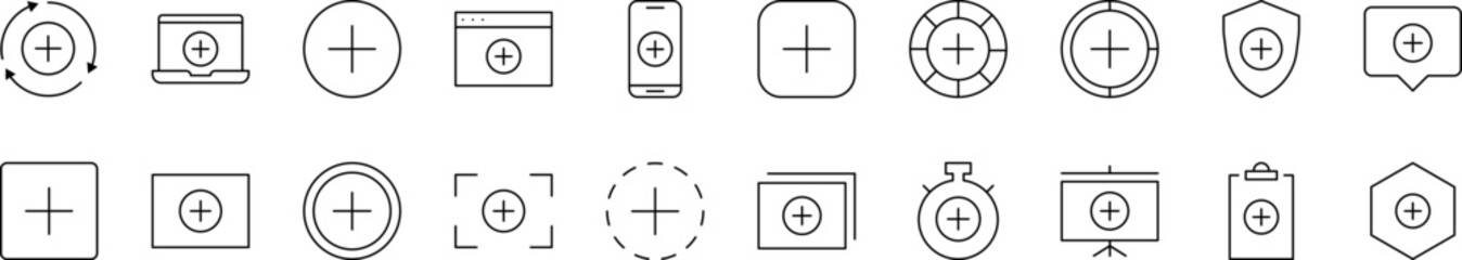 Collection of Plus Sign Related Line Icons. Outline Signs for Graphic and Web Design, Apps, Adverts, Various Cards