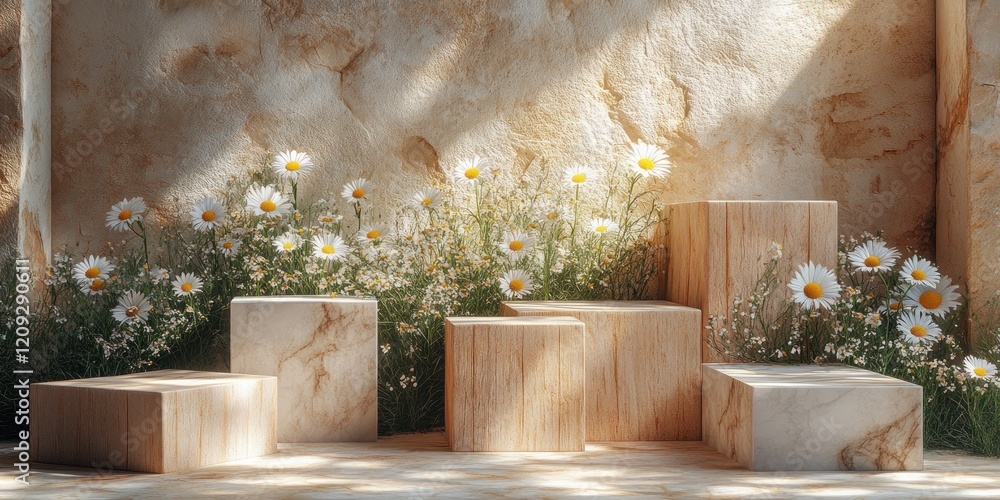Poster wooden and marble block display with daisy flowers on white background 3d rendering