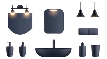 Modern bathroom design elements featuring sleek fixtures and stylish accessories. transparent background