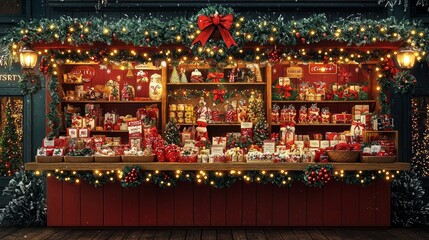 Fototapeta premium Festive christmas market stall with gifts and decorations winter wonderland decorative display cozy atmosphere