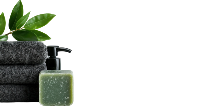 Relaxing spa setup with towels, herbal soap, and green leaves for a tranquil atmosphere. transparent background