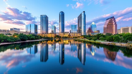 Naklejka premium Urban skyline reflecting in water at sunset with vibrant colors.