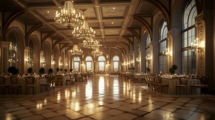 Obraz premium Luxurious banquet hall with intricate chandeliers, high ceilings, and polished tile floors. Designed for elegant dining events.