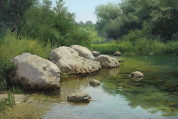 Serene River Landscape with Rocks and Greenery
