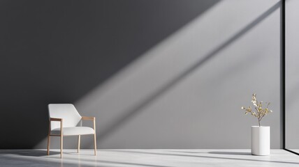 Sparse gray room with a shadowy window, evoking a sense of solitude and mystery.