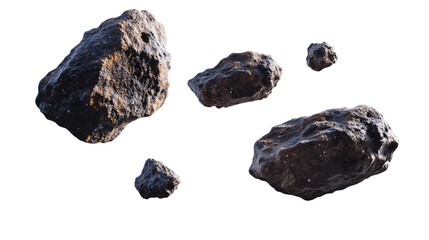 Set of asteroid rocks isolated on a transparent background