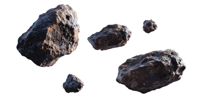 Set of asteroid rocks isolated on a transparent background