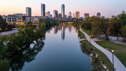 Obraz premium Urban skyline reflecting in a calm river at sunset.