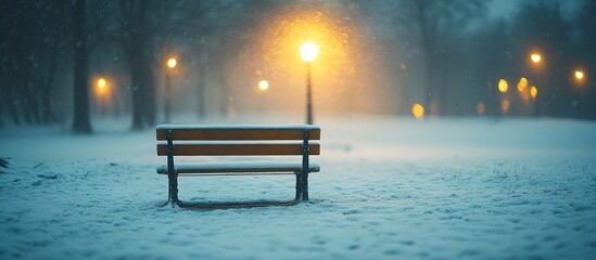 Obraz premium Snowy park bench at night, illuminated by streetlights.