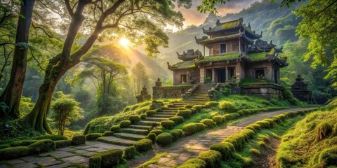 Obraz premium Serene Ancient Structure Nestled Amidst Lush Greenery, Bathed in Golden Sunlight, A Picturesque Path Leads to Tranquil Sanctuary
