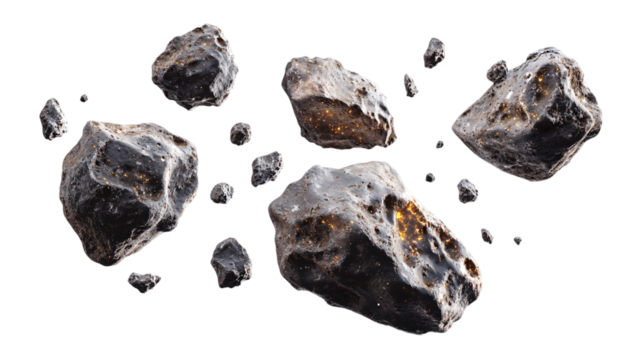Set of asteroid rocks isolated on a transparent background
