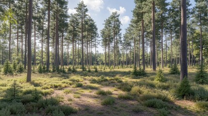 Fototapeta premium Sunlit pine forest path, nature walk, tranquil scene, summer day