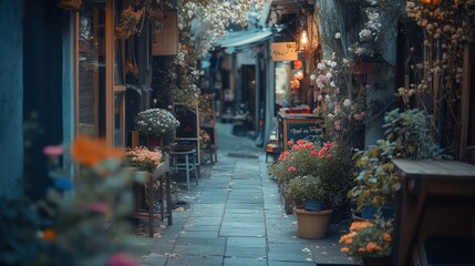 Fototapeta premium A cozy alley adorned with flowers and warm lights, inviting relaxation and exploration.