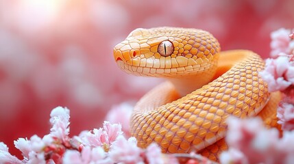Fototapeta premium Captivating Close-Up of a Golden Yellow Snake Wrapped Among Delicate Pink Blossoms in a Serene Natural Setting with Soft Lighting Effects
