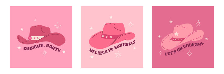 Set pink cowgirl hat with ornament. Trendy phrase print, poster. Cowboy western and wild west theme. Hand drawn vector illustration