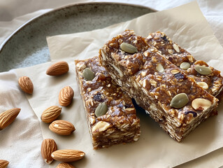 A collection of protein bars packed with visible nuts, grains, seeds, placed on natural-toned parchment paper. Handcrafted. Scattered sunflower seeds, almonds, and oats. Rustic aesthetic