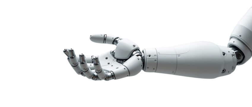  a robotic arm positioned in an open-handed gesture. 