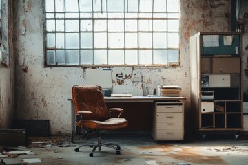 Abandoned Office Space with Leather Chair and Filing Cabinet