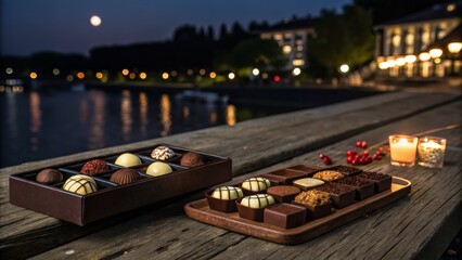 Obraz premium Assorted Chocolate Truffles Night Photography, Wooden Box and Tray Composition, Romantic Concept, Chocolate, Luxury Chocolate, Truffles