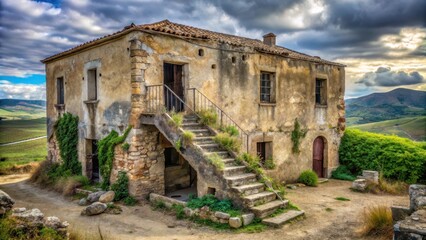 Fototapeta premium An aged stone dwelling, weathered by time, stands overlooking a serene valley, its exterior showcasing the passage of years and the embrace of nature's persistent growth.