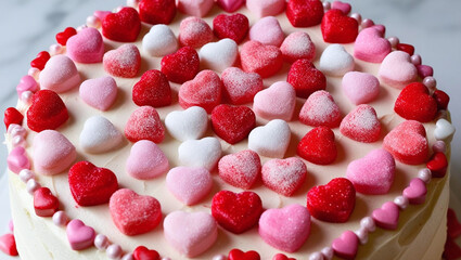 A beautifully decorated cake adorned with red, pink, and white heart-shaped candies, perfect for celebrations and special occasions.