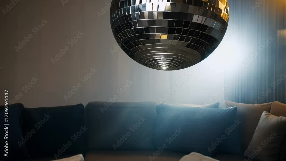 Poster slow zoom in on a gently rotating disco ball, casting subtle, diffused light patterns across a sophi