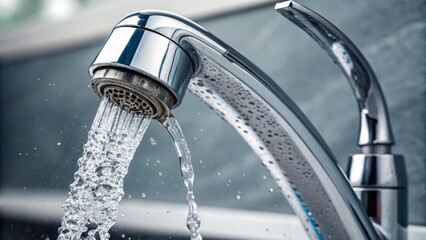 Close-up Chrome Faucet Water Flow, Abstract Photography, Liquid Texture, Plumbing, Water Conservation Plumbing, Water