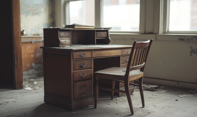 Abandoned Wooden Desk and Chair in Old Room