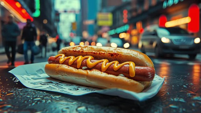 Low macro shot tracking a hotdog covered in mustard on a wrapper laying on a wet city street as cars and pedestrians pass by at twilight.