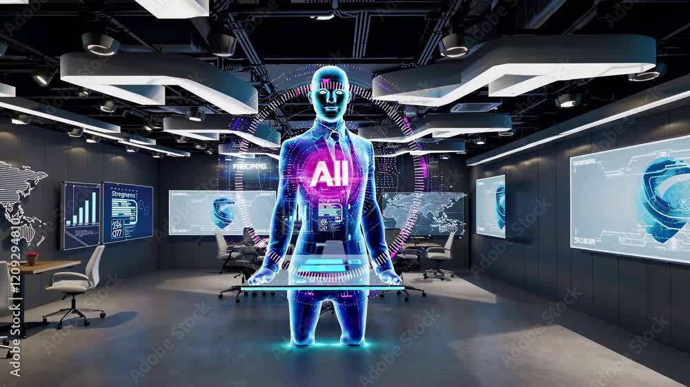 Poster exploring a high-tech artificial intelligence command center with interactive displays and futuristi