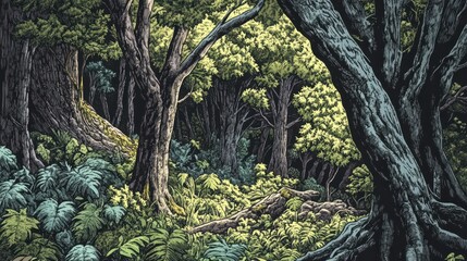 Obraz premium Enchanted Forest: A Lush Deep Green Canopy of Ancient Trees