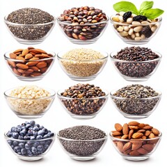 Fototapeta premium Variety of Healthy Seeds and Nuts in Clear Glass Bowls Displayed