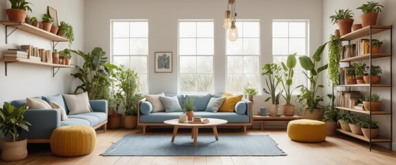 Fototapeta premium Cozy living room with blue sofas, plants, and natural lighting.