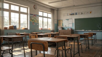 Empty Classroom Sunlit Vintage Desks and Chairs, Wooden Floor, Blackboard, Education Concept classroom, school, vintage