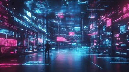 Fototapeta premium Illuminated Server Room: A Glimpse into the Digital Core