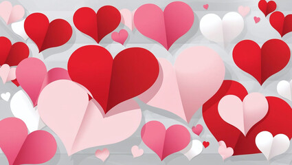 A colorful pattern of overlapping hearts in shades of red, pink, and white, creating a lively and romantic design.