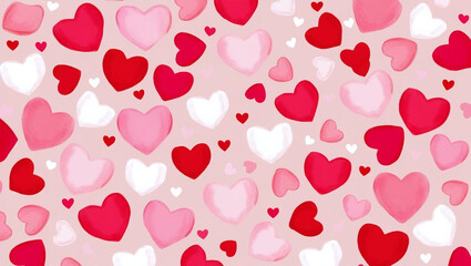 A colorful pattern of overlapping hearts in shades of red, pink, and white, creating a lively and romantic design.
